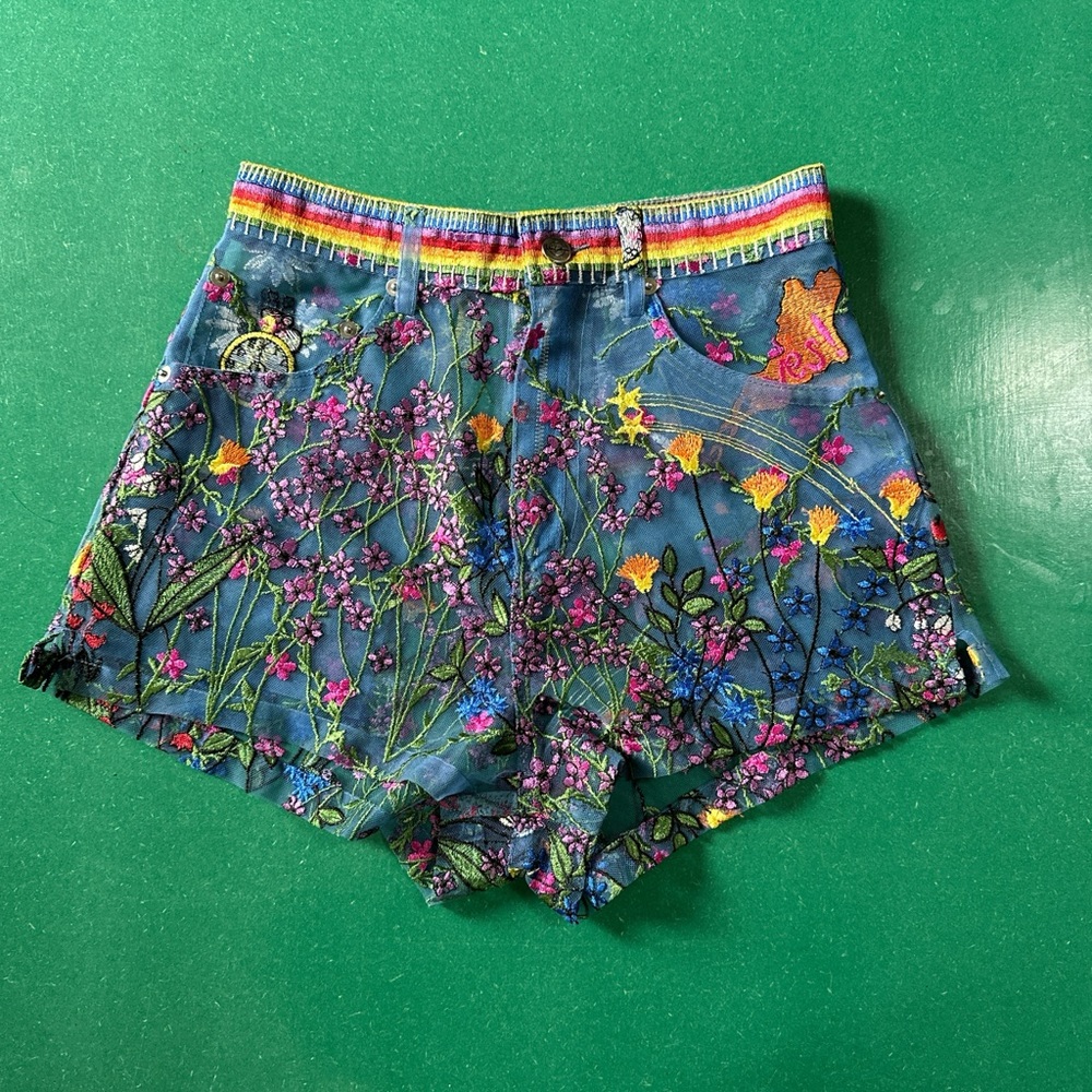 RARE Brand New Adam Selman x Opening Ceremony Embroidered Sheer Denim Shorts